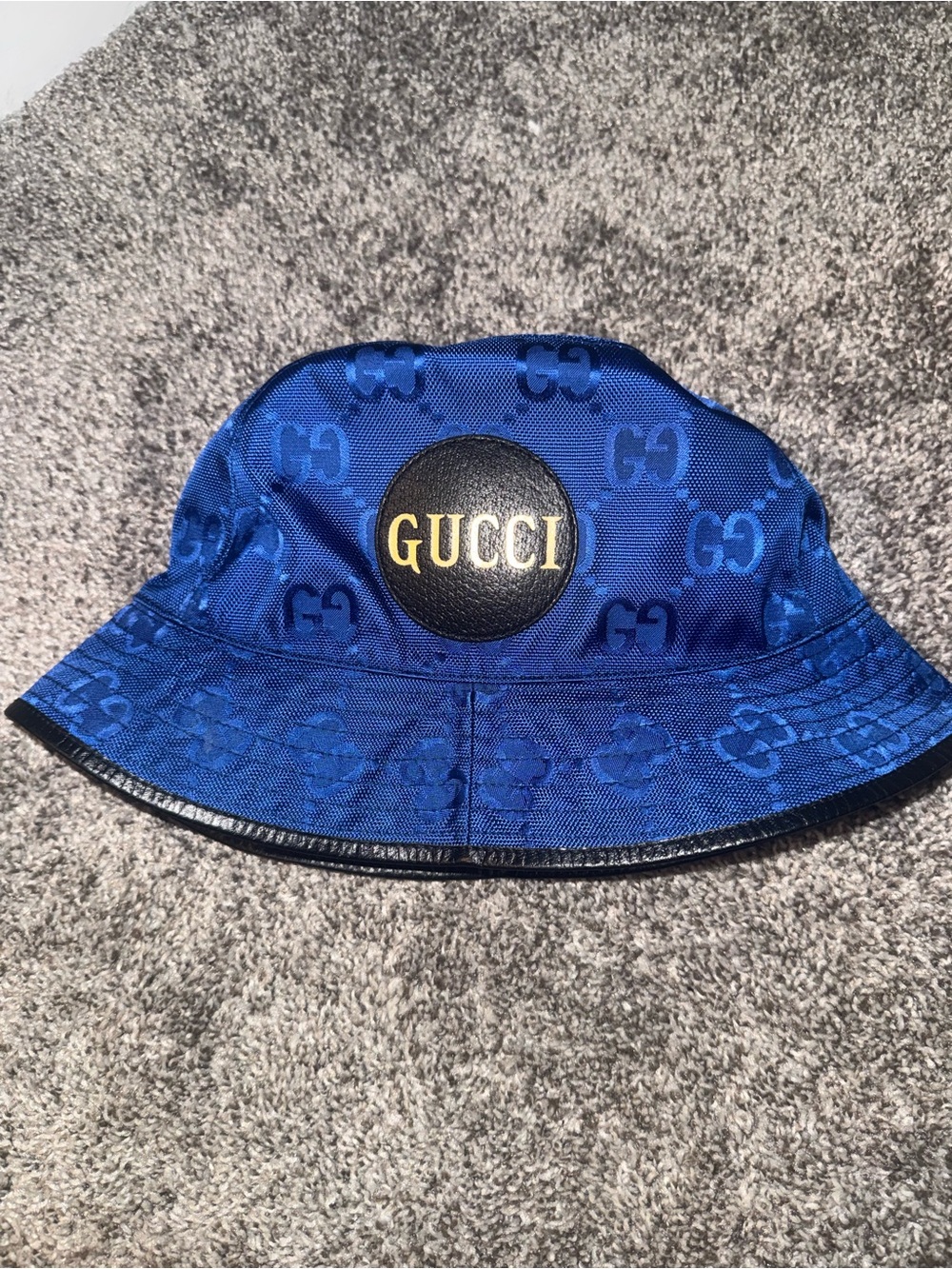 Gucci Royal Blue GG Logo Bucket Hat with Black Leather Patch